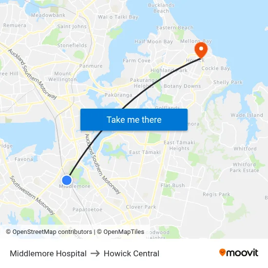 Middlemore Hospital to Howick Central map