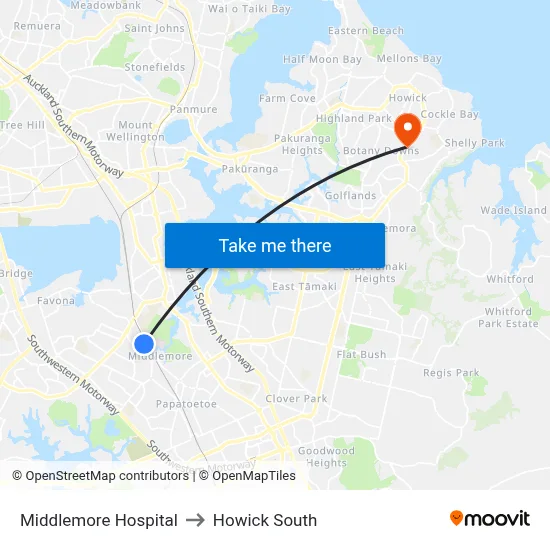 Middlemore Hospital to Howick South map