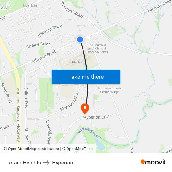 Totara Heights to Hyperion map