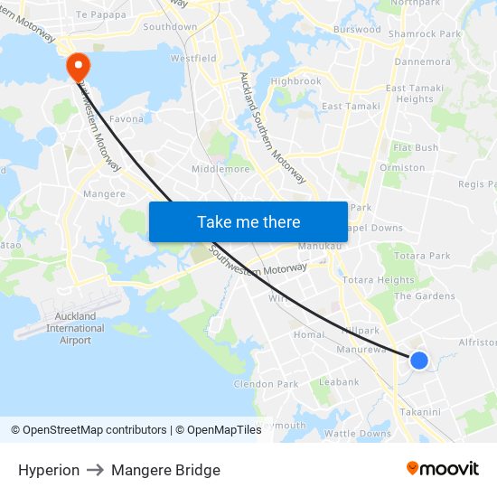 Hyperion to Mangere Bridge map