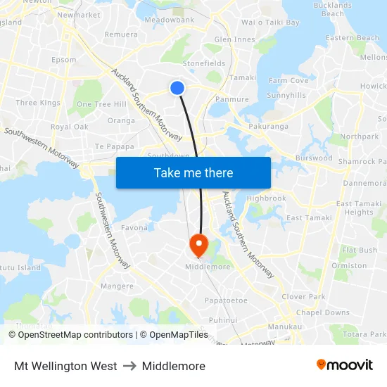 Mt Wellington West to Middlemore map