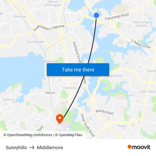 Sunnyhills to Middlemore map