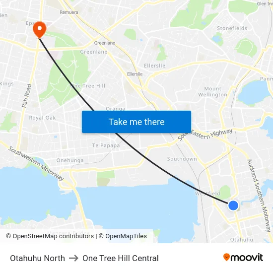 Otahuhu North to One Tree Hill Central map