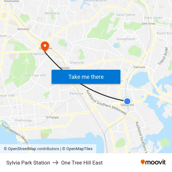 Sylvia Park Station to One Tree Hill East map
