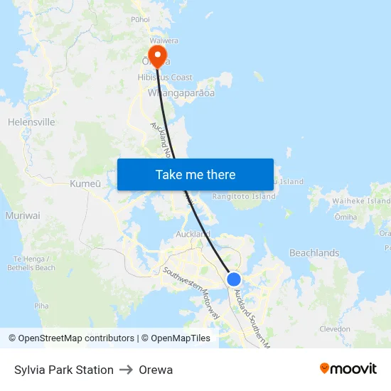 Sylvia Park Station to Orewa map