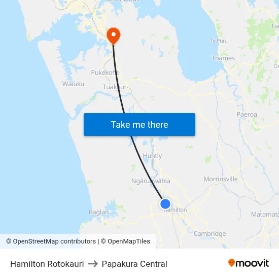 Hamilton Rotokauri to Papakura Central map