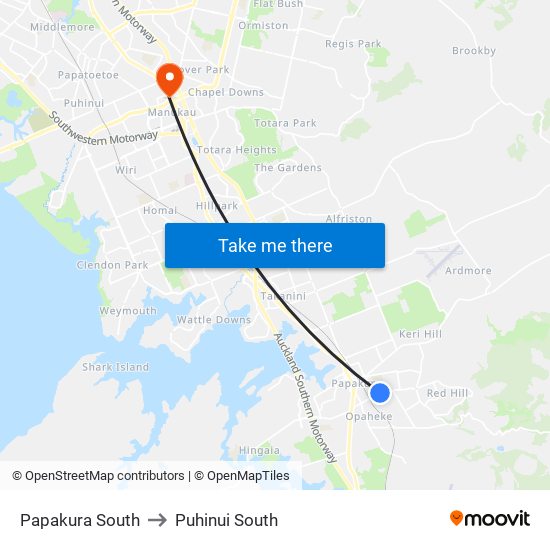 Papakura South to Puhinui South map