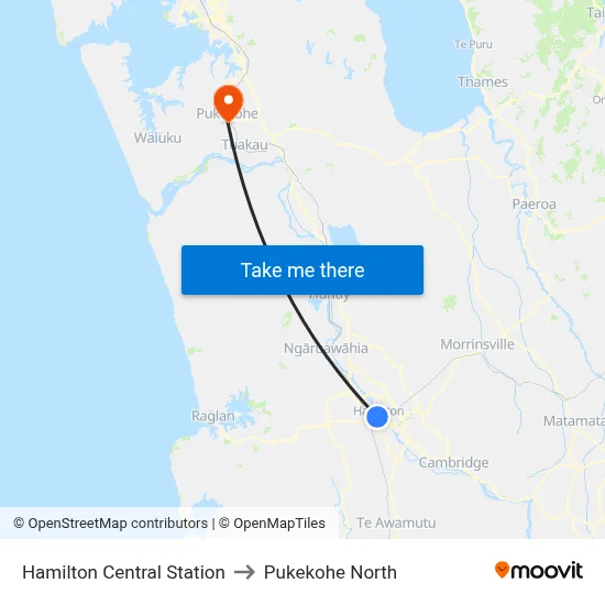 Hamilton Central Station to Pukekohe North map