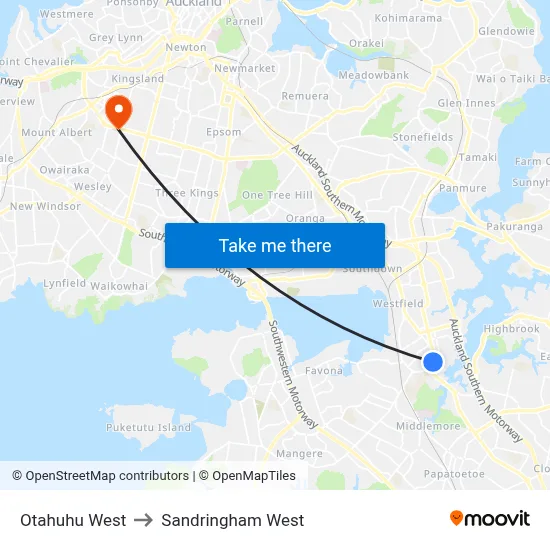 Otahuhu West to Sandringham West map