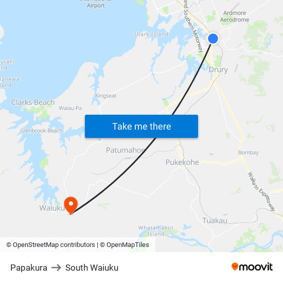 Papakura to South Waiuku map