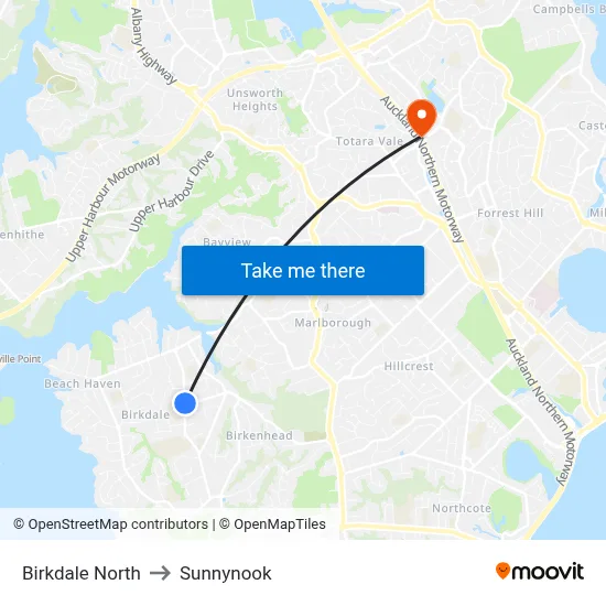 Birkdale North to Sunnynook map