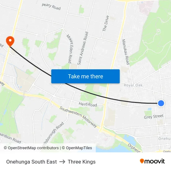 Onehunga South East to Three Kings map