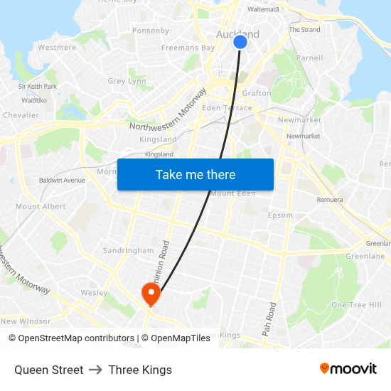 Queen Street to Three Kings map