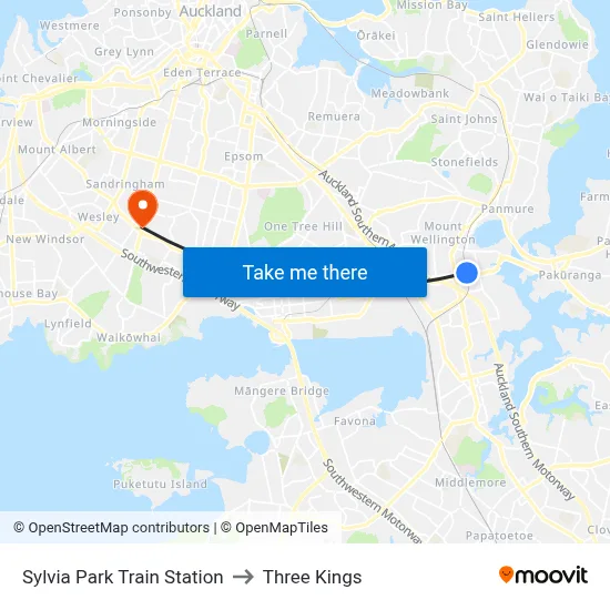 Sylvia Park Train Station to Three Kings map