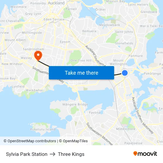 Sylvia Park Station to Three Kings map