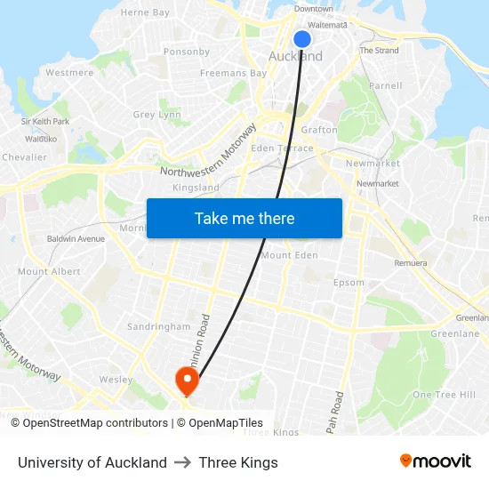 University of Auckland to Three Kings map
