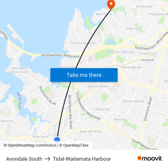 Avondale South to Tidal-Waitemata Harbour map