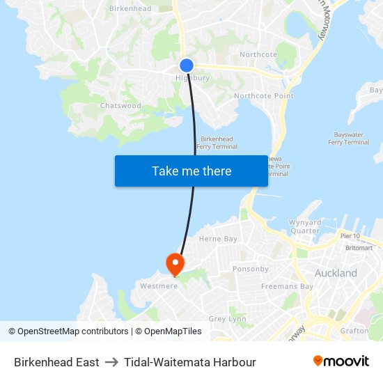 Birkenhead East to Tidal-Waitemata Harbour map