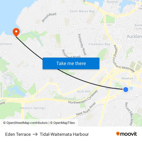 Eden Terrace to Tidal-Waitemata Harbour map