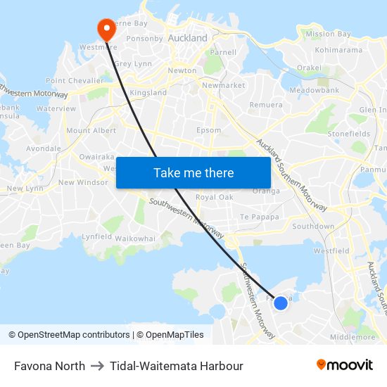 Favona North to Tidal-Waitemata Harbour map