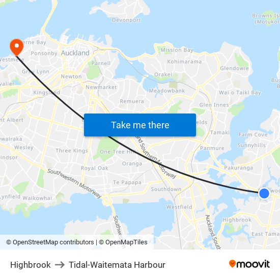 Highbrook to Tidal-Waitemata Harbour map