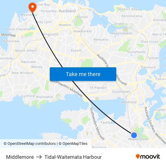 Middlemore to Tidal-Waitemata Harbour map