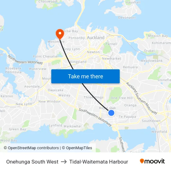 Onehunga South West to Tidal-Waitemata Harbour map