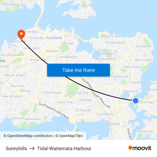 Sunnyhills to Tidal-Waitemata Harbour map