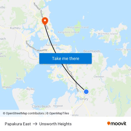 Papakura East to Unsworth Heights map