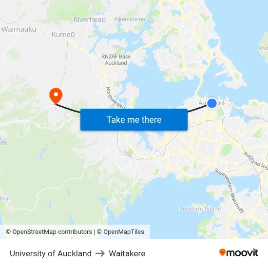 University of Auckland to Waitakere map