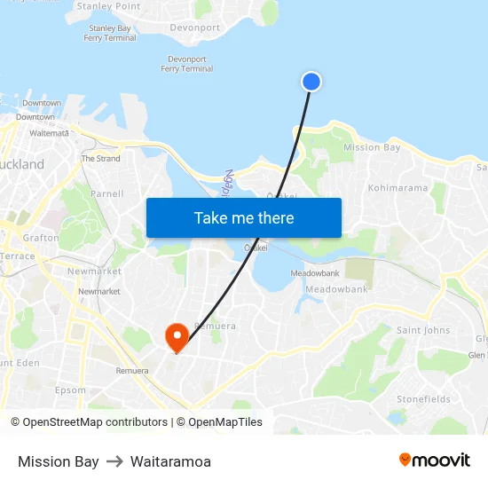 Mission Bay to Waitaramoa map