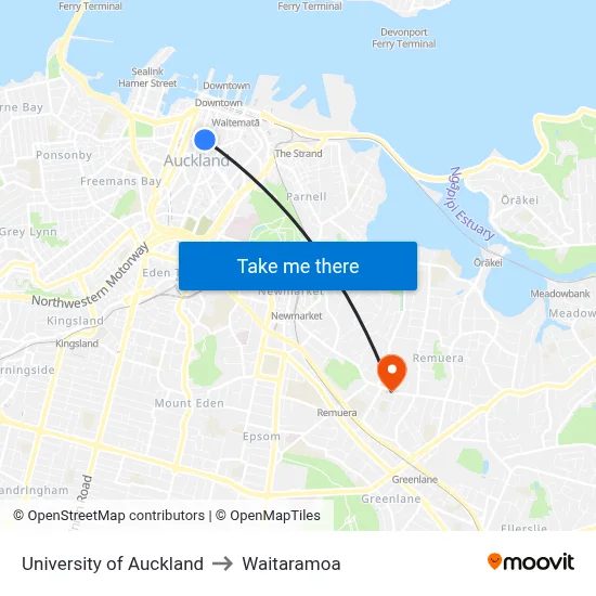 University of Auckland to Waitaramoa map