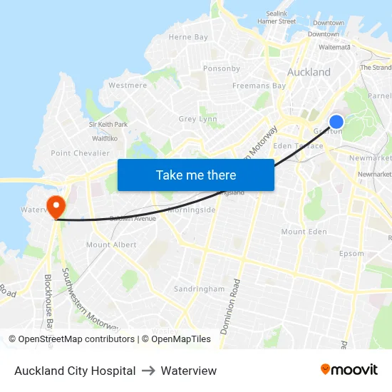 Auckland City Hospital to Waterview map