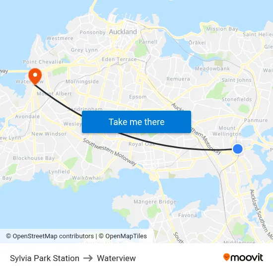 Sylvia Park Station to Waterview map