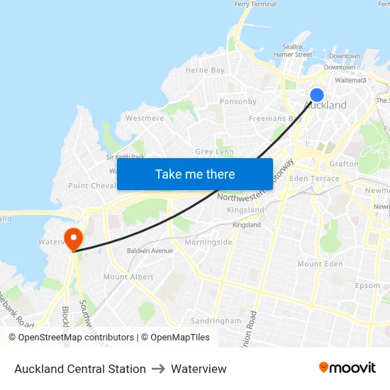 Auckland Central Station to Waterview map