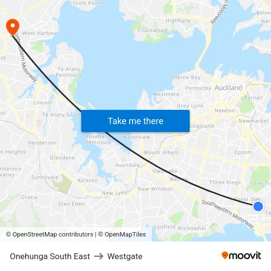 Onehunga South East to Westgate map