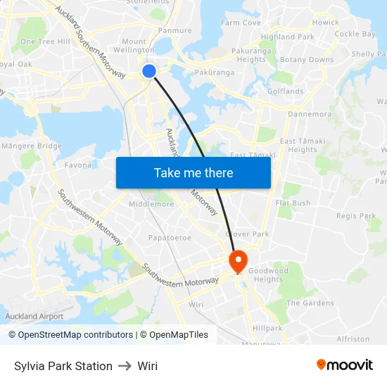 Sylvia Park Station to Wiri map