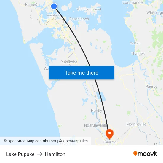 Lake Pupuke to Hamilton map