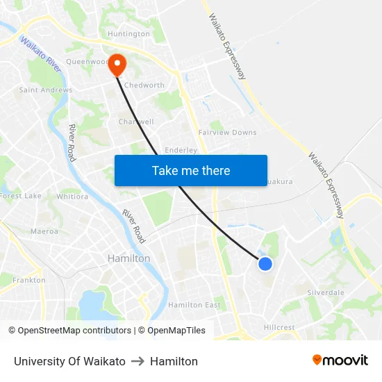 University Of Waikato to Hamilton map