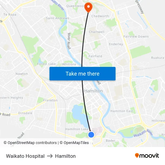 Waikato Hospital to Hamilton map