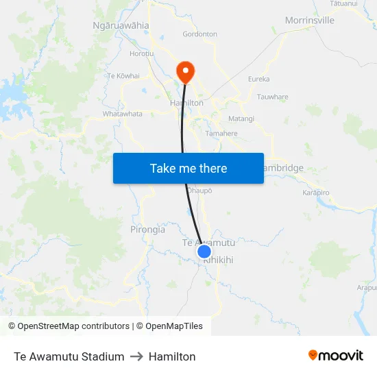 Te Awamutu Stadium to Hamilton map
