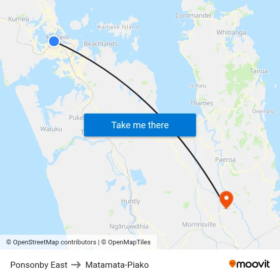 Ponsonby East to Matamata-Piako map