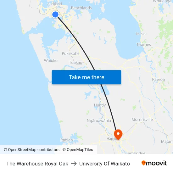 The Warehouse Royal Oak to University Of Waikato map