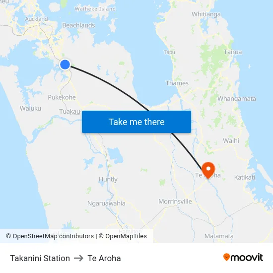Takanini Station to Te Aroha map