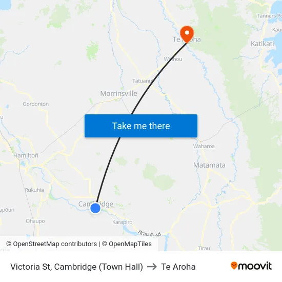 Victoria St, Cambridge (Town Hall) to Te Aroha map