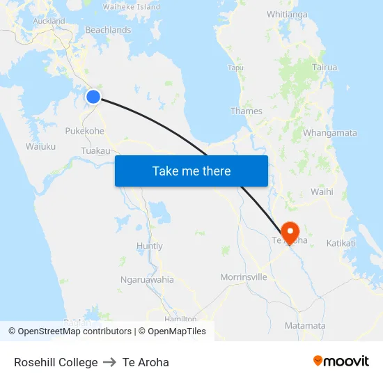 Rosehill College to Te Aroha map
