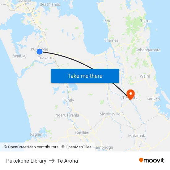 Pukekohe Library to Te Aroha map