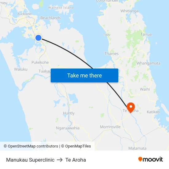 Manukau Superclinic to Te Aroha map