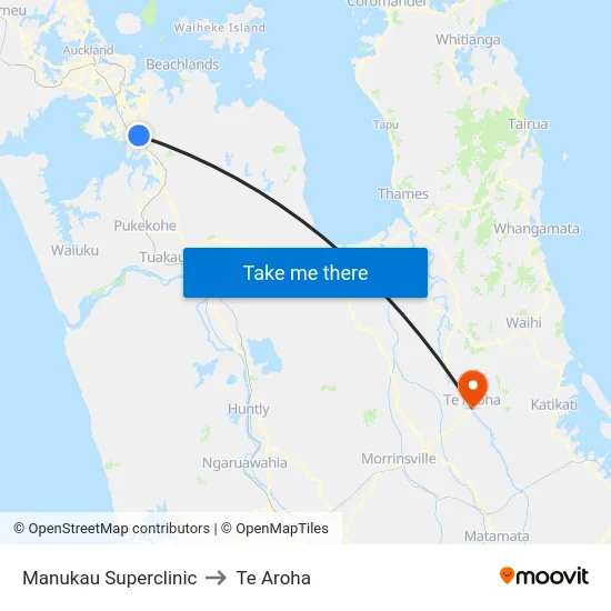 Manukau Superclinic to Te Aroha map