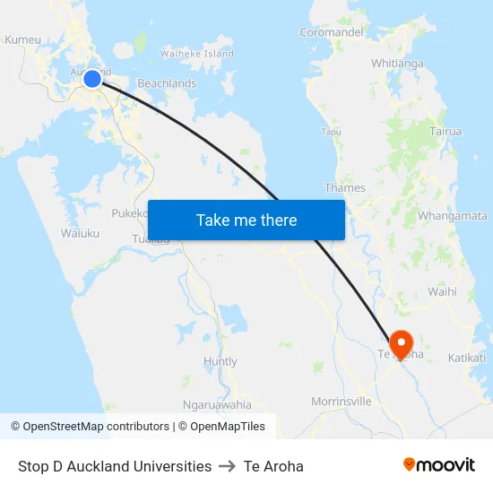 Stop D Auckland Universities to Te Aroha map